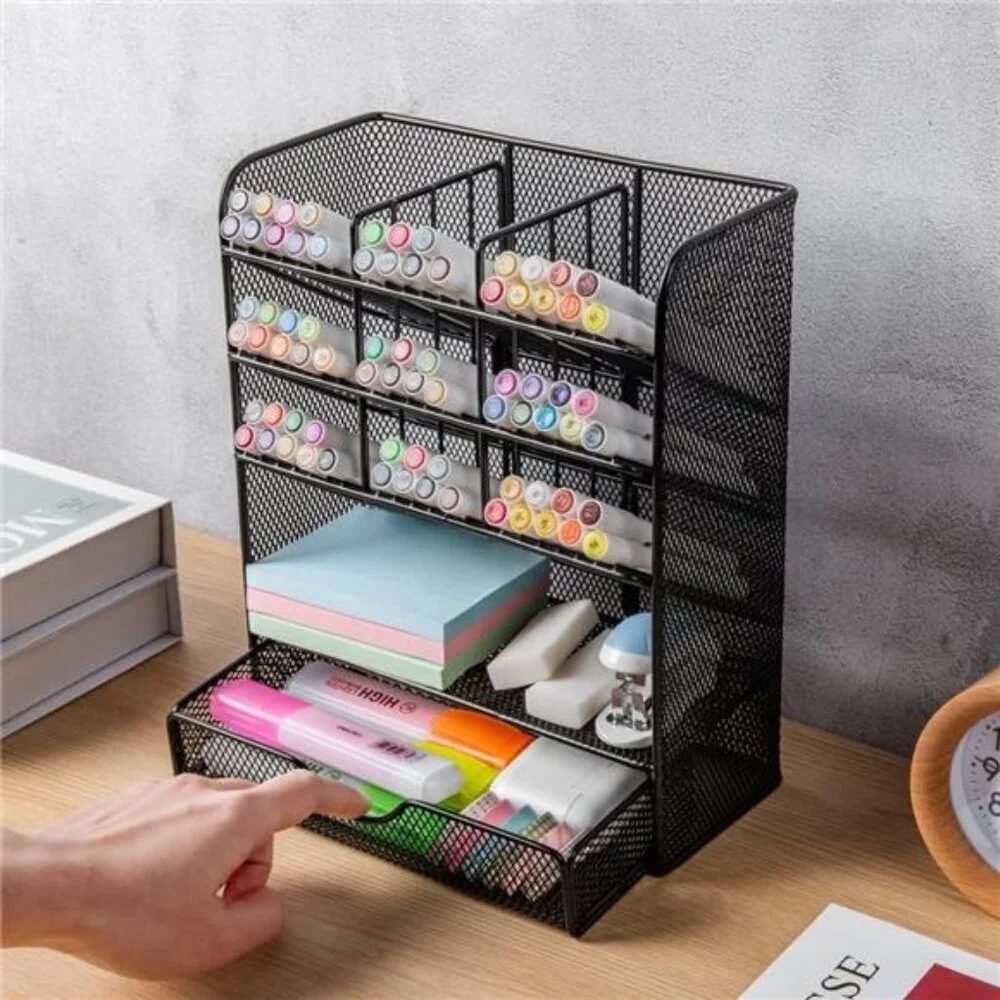 Metal Pen‎ Organizer with Drawer: Black Desk Organizer for School & Home